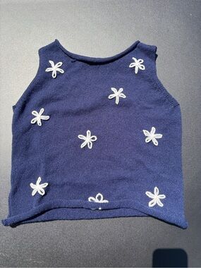Navy Sleeveless Knit Top with White Floral Appliqués